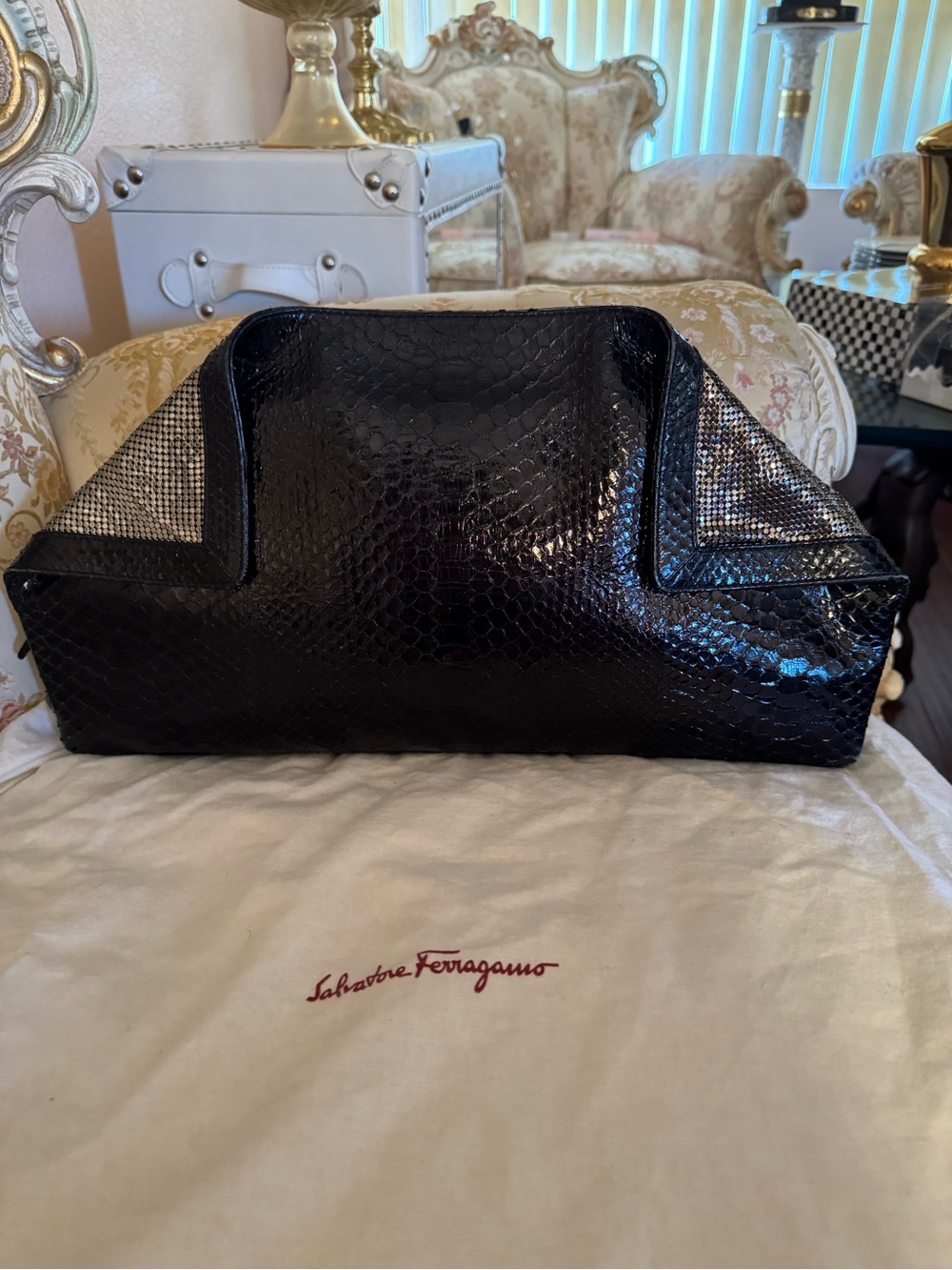 Salvatore Ferragamo Black Python-Effect Clutch with Silver Accents